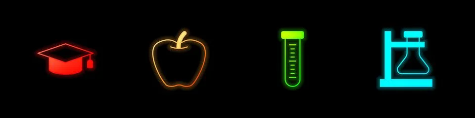 Set Graduation cap, Apple, Test tube and flask stand icon. Vector Stockillustratie