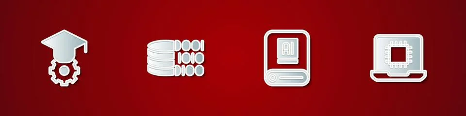 Set Graduation cap, Binary code, Artificial intelligence AI and Processor CPU イラスト素材