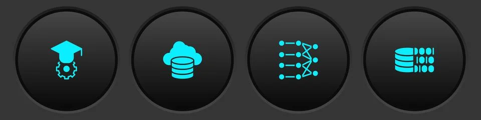 Set Graduation cap, Cloud database, Neural network and Binary code icon. Vector Stock Illustration