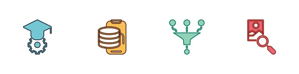 Set Graduation cap, Cloud technology data transfer, Funnel or filter and Photo Stock Illustration