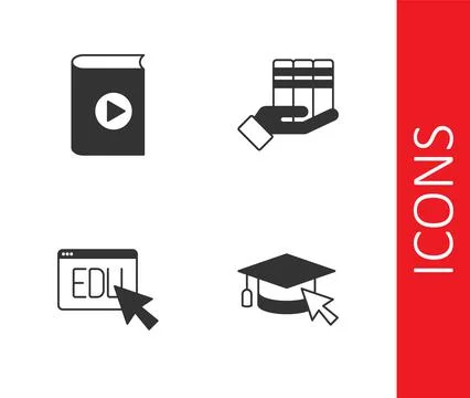 Set Graduation cap with cursor, Audio book, Online education and Book donation Stock Illustration