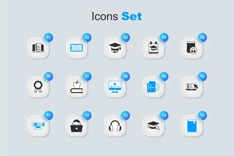 Set Graduation cap with cursor, Book apple, Online education, Web camera, q.. Stock Illustration