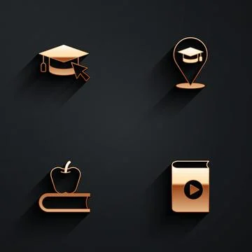 Set Graduation cap with cursor, Online education, Book apple and Audio book icon Stock Illustration