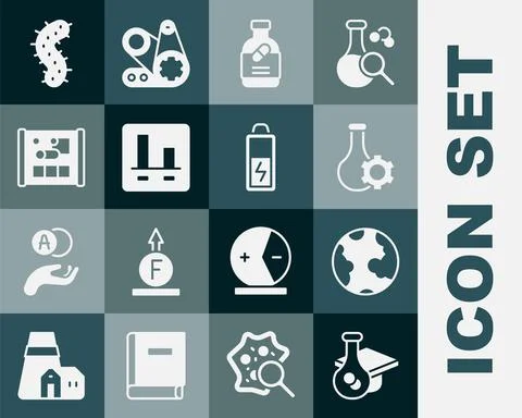 Set Graduation cap, Earth globe, Test tube, Medicine bottle and pills, Graph Stock Illustration