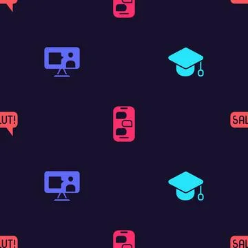 Set Graduation cap, Foreign language online study, New chat messages notifica Stock Illustration