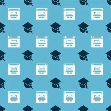 Set Graduation cap on globe and Browser window on seamless pattern. Vector Stock Illustration