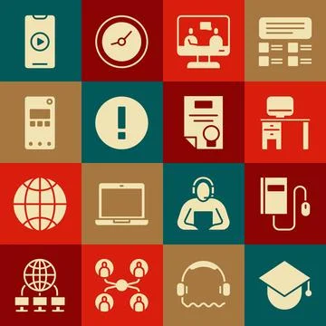 Set Graduation cap on globe, Electronic book with mouse, Computer monitor and Stock Illustration