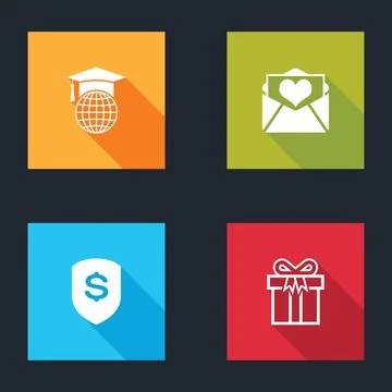 Set Graduation cap on globe, Envelope with Valentine heart, Shield and dollar Illustrazione stock