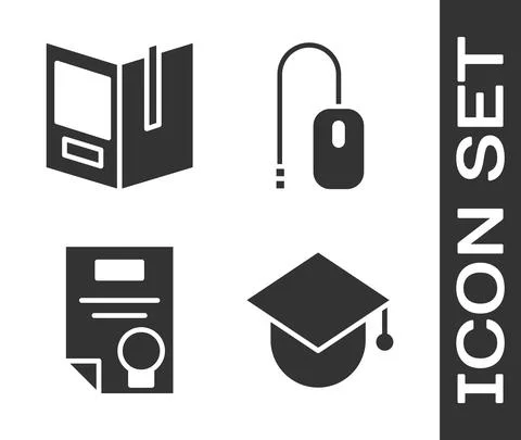 Set Graduation cap on globe, Open book, Certificate template and Computer mouse Illustrazione stock