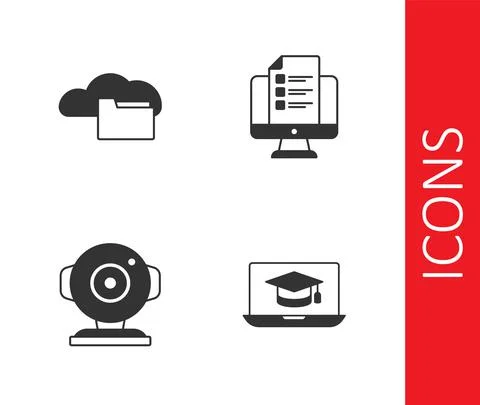 Set Graduation cap on laptop, Cloud or online library, Web camera and Online Stock Illustration