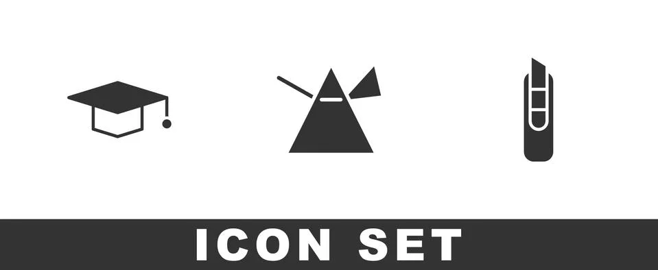 Set Graduation cap, Light rays in prism and Stationery knife icon. Vector 스톡 일러스트