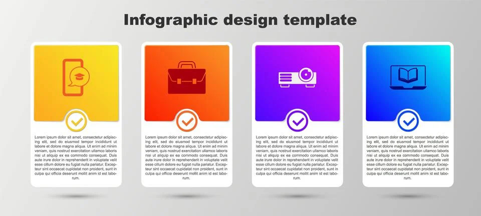 Set Graduation cap on mobile, Briefcase, Movie, film, media projector and Online Stock Illustration