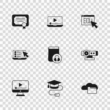 Set Graduation cap with mouse, Web camera, Cloud or online library, Audio b.. Stock Illustration