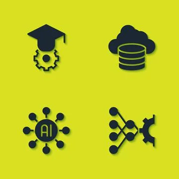 Set Graduation cap, Neural network,  and Cloud database icon. Vector Illustrazione stock