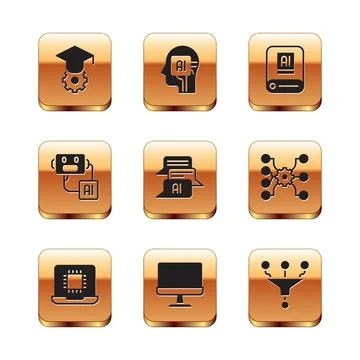 Set Graduation cap, Processor CPU, Computer monitor, Chat bot, Artificial 스톡 일러스트