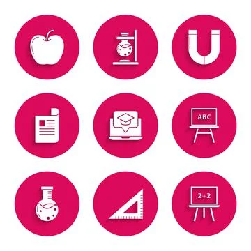Set Graduation cap on screen laptop, Triangular ruler, Chalkboard, Test tube and Stock Illustration