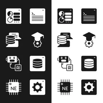 Set Graduation cap, Server, Data, Computer api interface, Web developer pro.. Stock Illustration