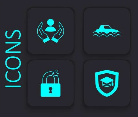 Set Graduation cap with shield, Life insurance, Flood car and Broken or cracked Stock Illustration
