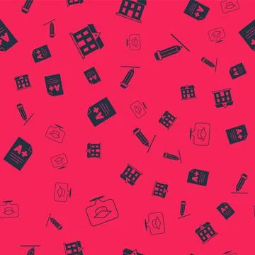 Set Graduation cap in speech bubble, School building, Exam sheet with A plus Ilustración de archivo