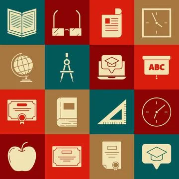 Set Graduation cap in speech bubble, Clock, Chalkboard, Document, Drawing c.. Stock Illustration