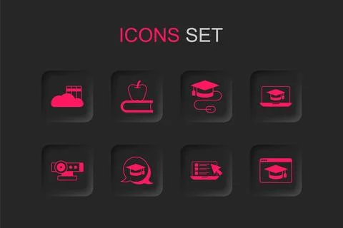 Set Graduation cap in speech bubble, Book with apple, Cloud or online libra.. Stock Illustration