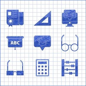 Set Graduation cap in speech bubble, Calculator, Abacus, Glasses, Chalkboar.. 库存插图