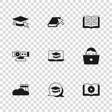 Set Graduation cap in speech bubble, Student working laptop, Audio book, Op.. 库存插图