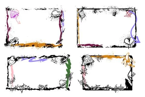 Set of graffiti frames, with smashes, pizza, inscriptions, heart, colored 스톡 일러스트