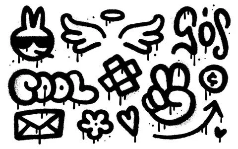 Set of graffiti spray paint elements set. Black brush paint ink drip texture Stock Illustration