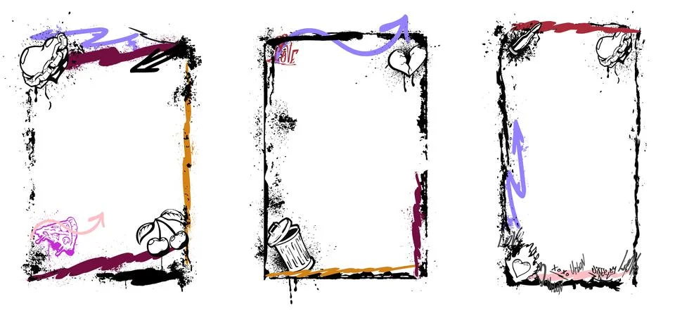 Set of graffiti style frames with heart, pizza, cherry, trash can, and colored 스톡 일러스트