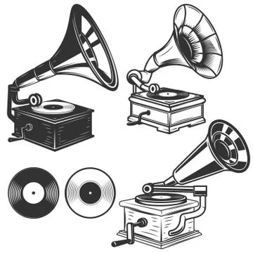 Set of gramophone illustrations on white background. Design elem Stock Illustration