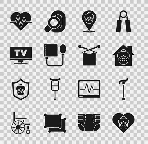 Set Grandmother, Walking stick cane, Nursing home, Blood pressure, Smart Tv Stock Illustration