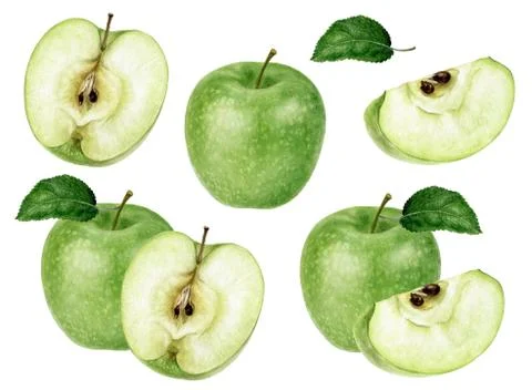 Set of Granny Smith green apple watercolor illustration isolated on white Stock Illustration
