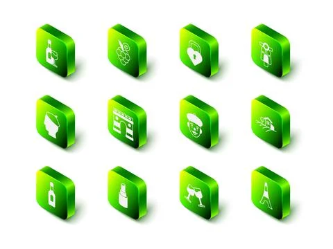 Set Grape fruit, Castle in the shape of heart, Scooter, Village landscape Stock Illustration