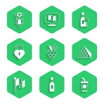 Set Grape fruit, Champagne bottle, Coffee cup to go, Louvre glass pyramid, Flag Stock-Illustration