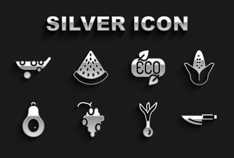 Set Grape fruit, Corn, Knife, Onion, Avocado, Leaf Eco symbol, Peas and Stock Illustration