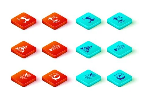 Set Grape fruit, Eiffel tower, Museum building, Hot air balloon, Scooter and Stock-Illustration