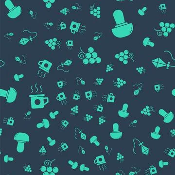 Set Grape fruit, Mushroom, Cup of tea and Kite on seamless pattern. Vector Illustrazione stock