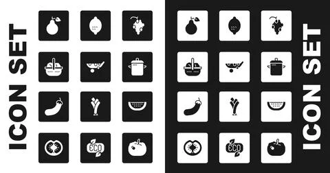 Set Grape fruit, Peas, Basket and food, Pear, Cooking pot, Lemon, Watermelon and Stock-Illustration