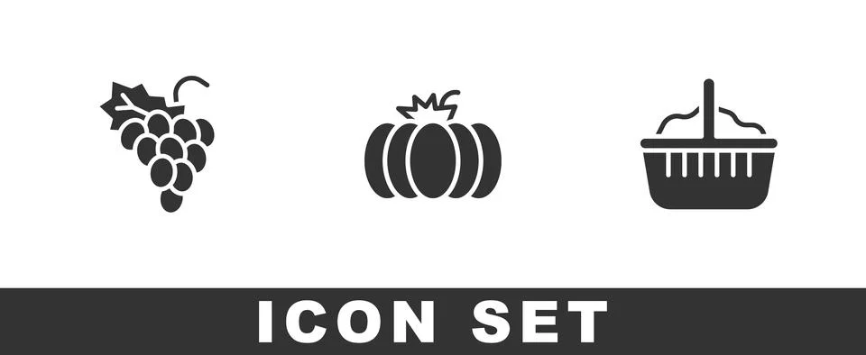 Set Grape fruit, Pumpkin and Basket icon. Vector Stock Illustration