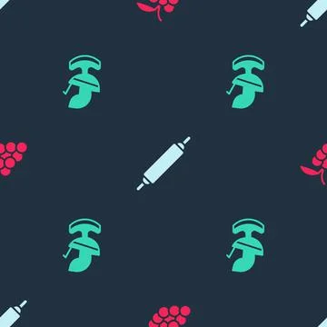 Set Grape fruit, Rolling pin and Roman army helmet on seamless pattern. Vector Illustrazione stock