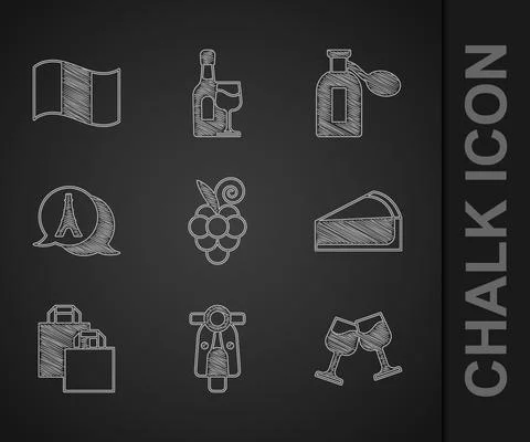 Set Grape fruit, Scooter, Wine glass, Cherry cheesecake slice, Paper shopping Stock Illustration