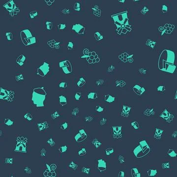 Set Grape fruit, Windmill, French man and Cheese on seamless pattern. Vector Stock Illustration