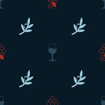Set Grape fruit, Wine glass and Olives branch on seamless pattern. Vector Illustrazione stock