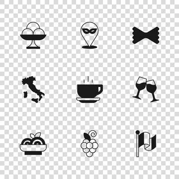 Set Grape fruit, Wine glass, Flag Italy, Coffee cup, Macaroni, Ice cream th.. Stock Illustration