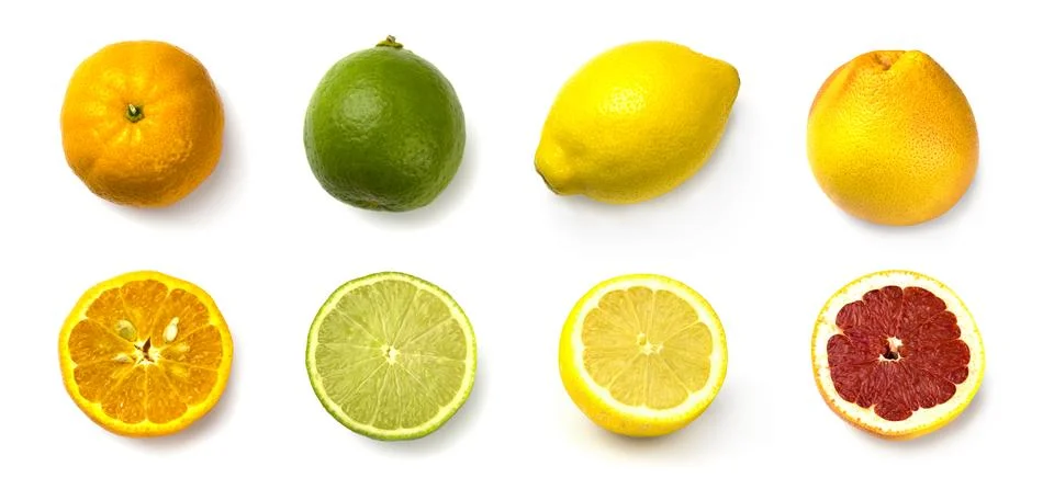 Set grapefruit, lime, lemon and tangerine on white background Stock Photos
