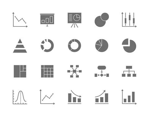 Set of Graph and Chart Grey Icons. Pie Chart, Statistics, Presentation and more. Stock Illustration