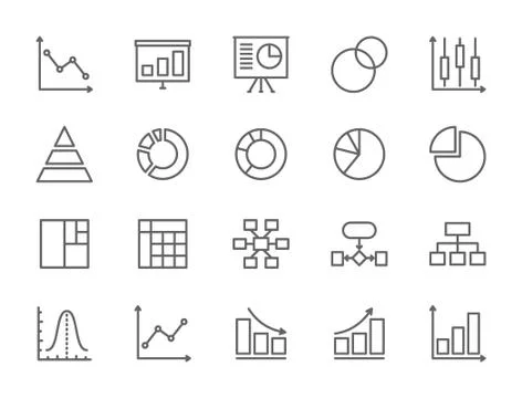 Set of Graph and Chart Line Icons. Pie Chart, Statistics, Presentation and more. Stock Illustration