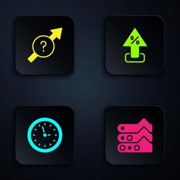 Set Graph, chart, diagram, Arrow, Clock and Percent up arrow. Black square Stock Illustration