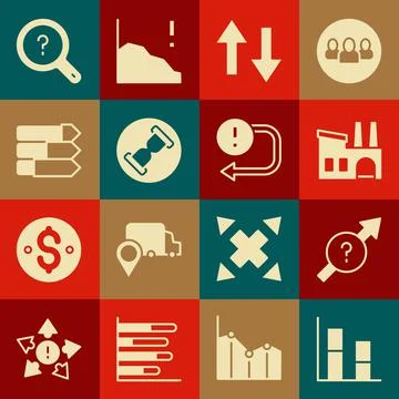 Set Graph, chart, diagram, Arrow, Factory, Old hourglass with sand, Pie Stock Illustration